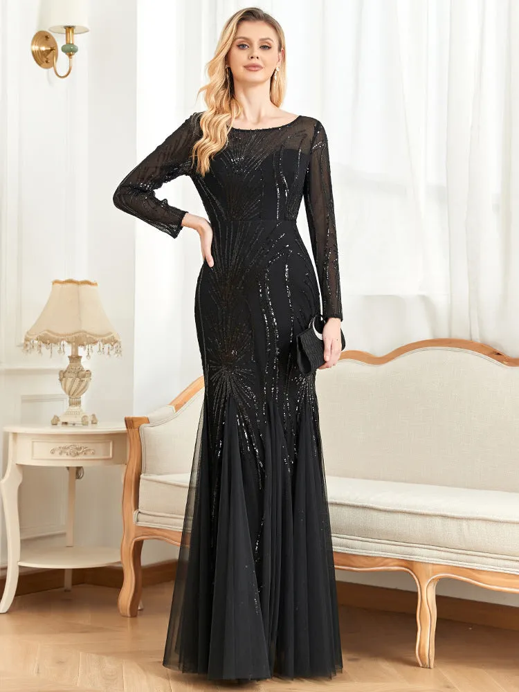 Long Sleeve Sequin Round Neck Evening Dress