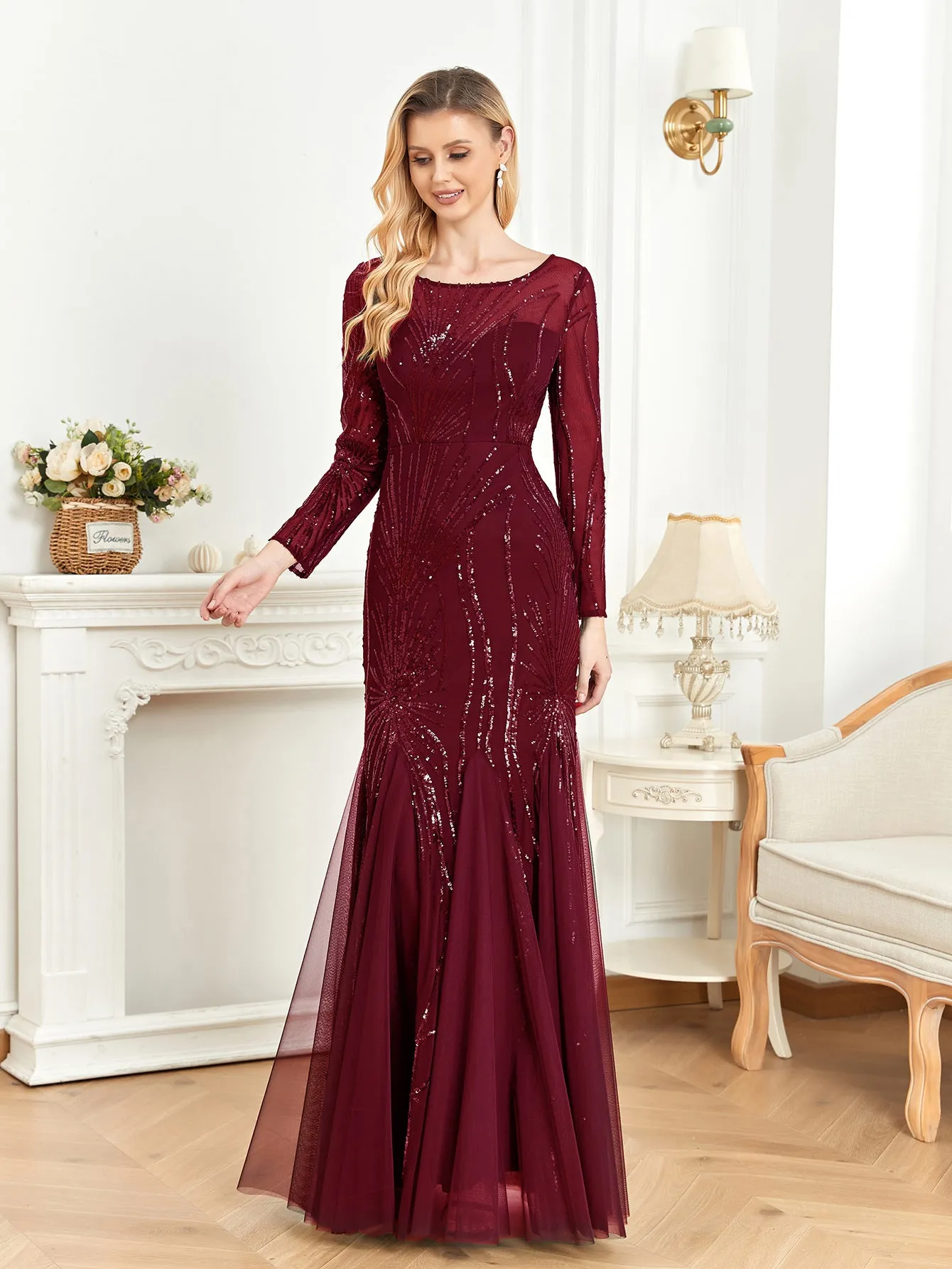 Long Sleeve Sequin Round Neck Evening Dress