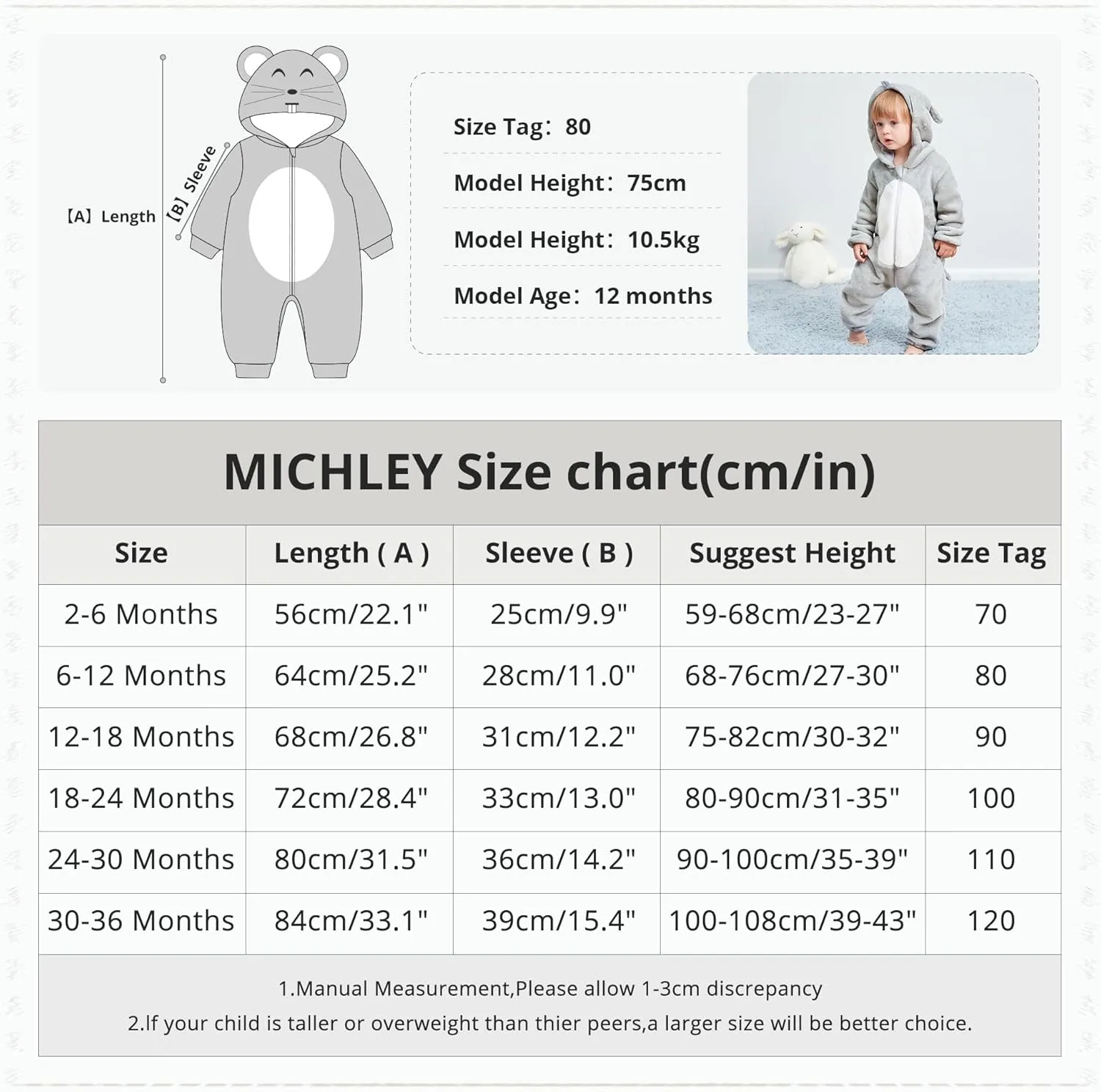 MICHLEY Unisex Baby Animal Costume Winter Autumn Flannel Hooded Romper Cosplay Jumpsuit