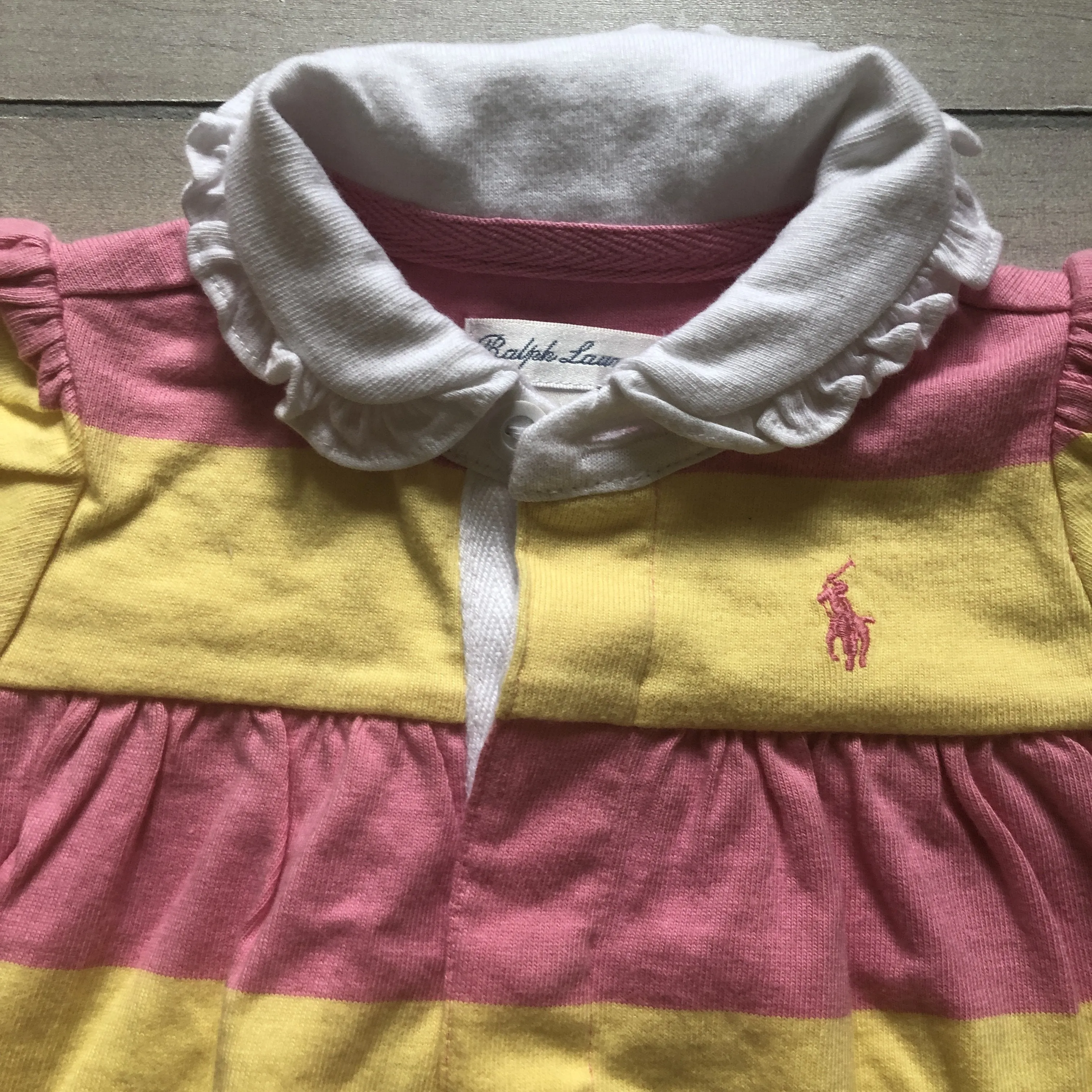 NEW Ralph Lauren Yellow & Pink Striped Cotton Ruffle Back Bubble Romper