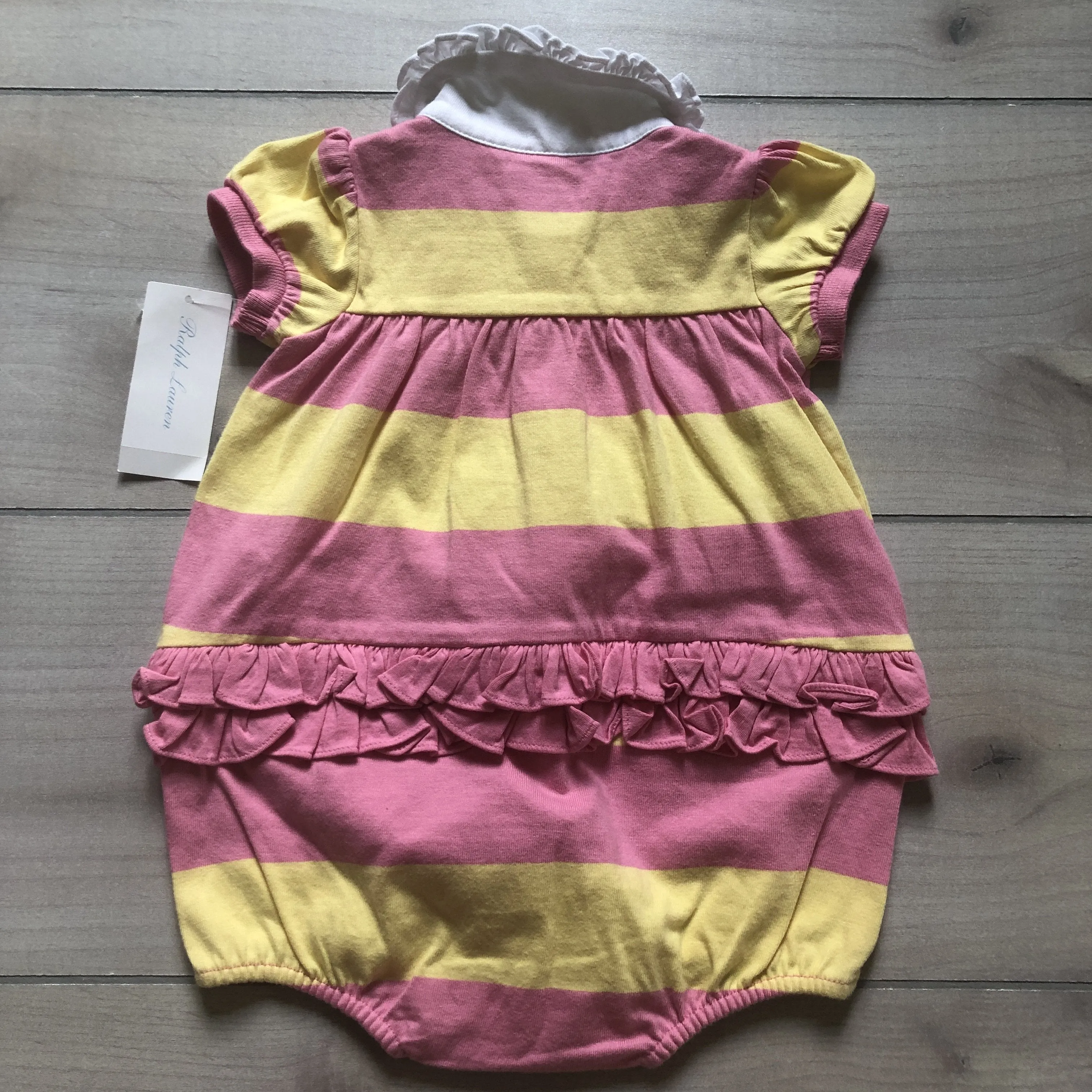 NEW Ralph Lauren Yellow & Pink Striped Cotton Ruffle Back Bubble Romper