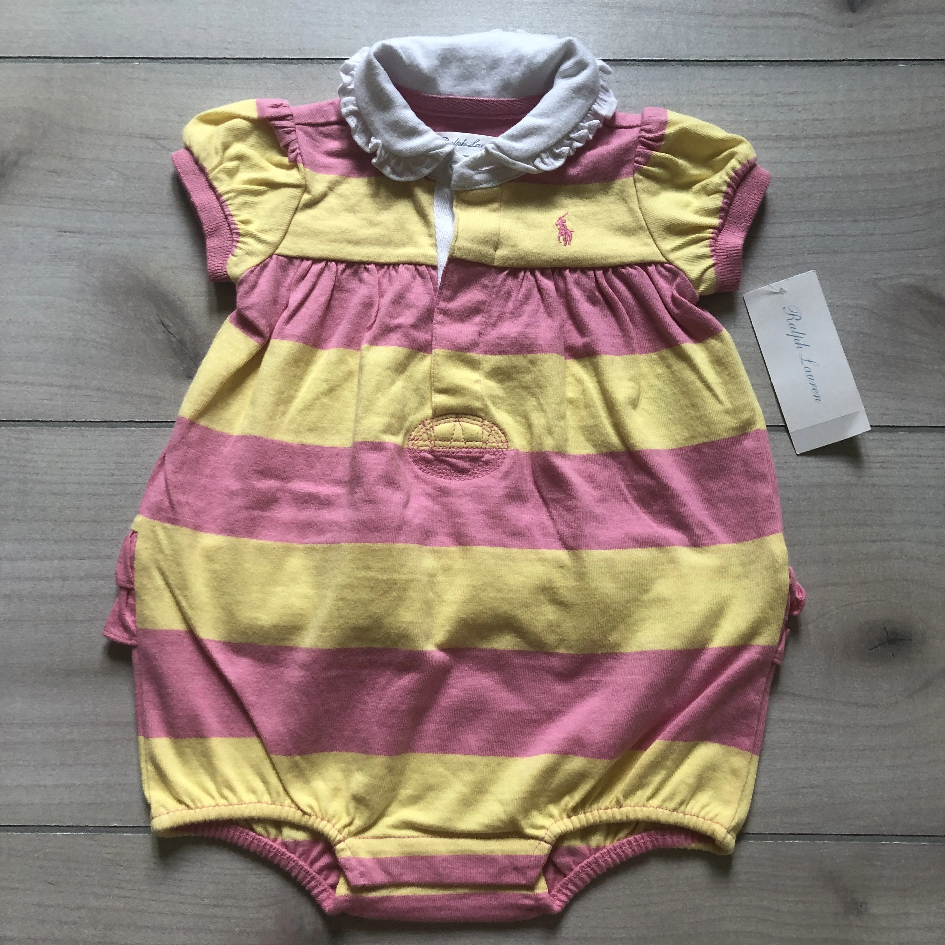 NEW Ralph Lauren Yellow & Pink Striped Cotton Ruffle Back Bubble Romper