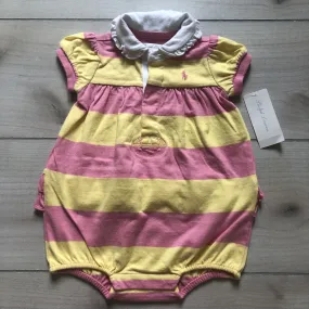 NEW Ralph Lauren Yellow & Pink Striped Cotton Ruffle Back Bubble Romper