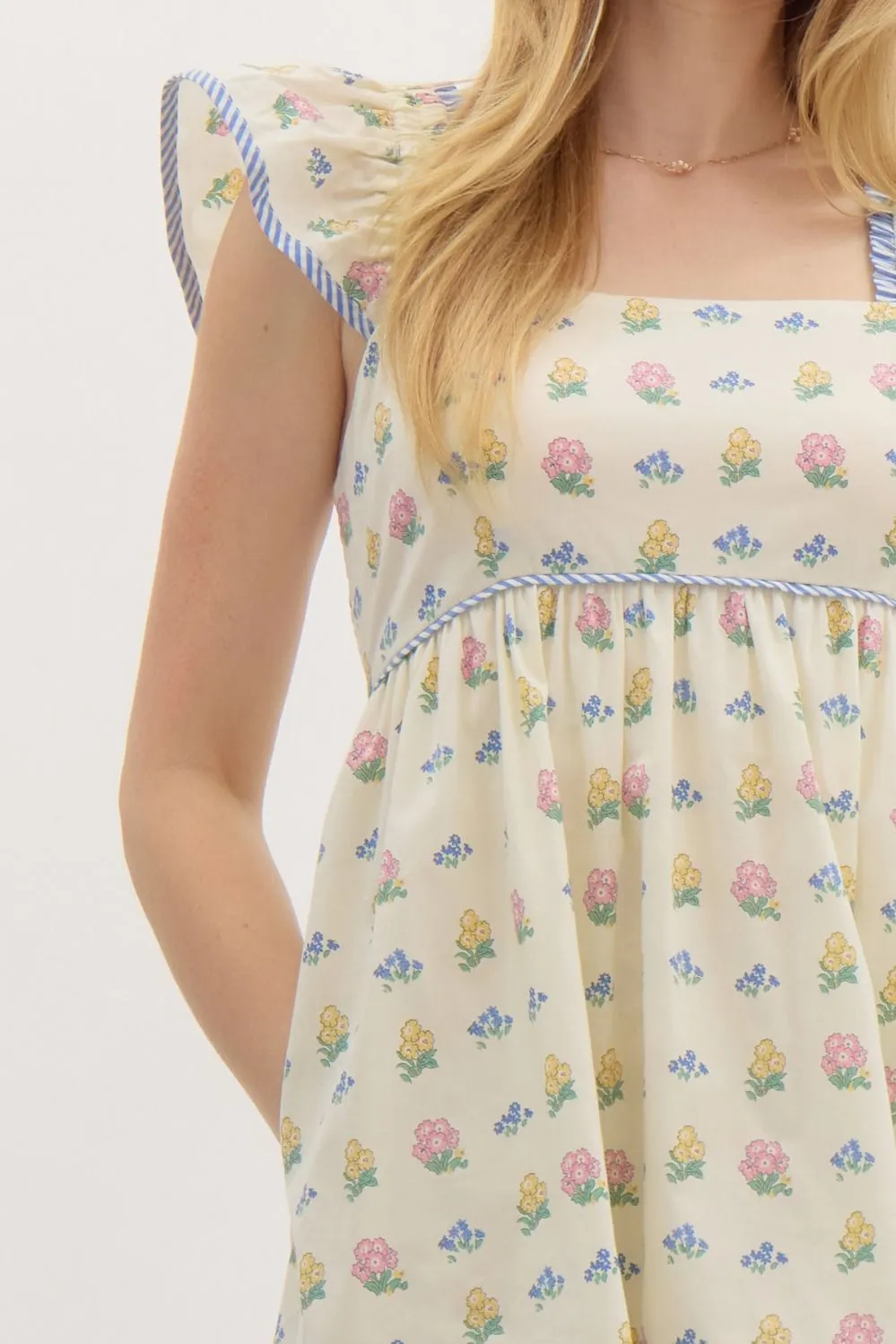NEWEST ARRIVAL Cream/Blue Seersucker Floral Babydoll Dress