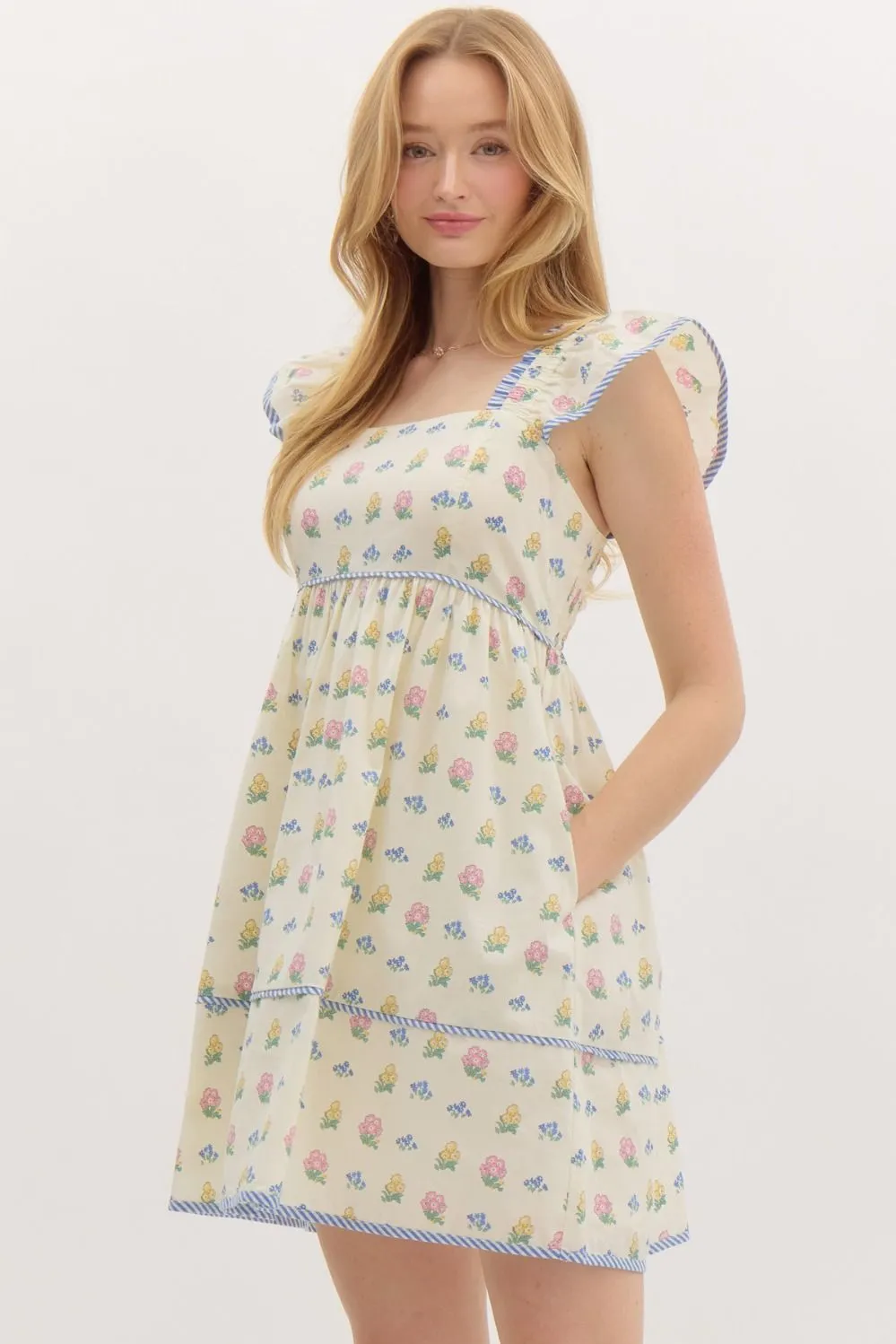 NEWEST ARRIVAL Cream/Blue Seersucker Floral Babydoll Dress