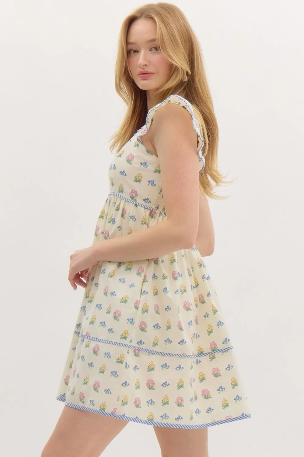NEWEST ARRIVAL Cream/Blue Seersucker Floral Babydoll Dress