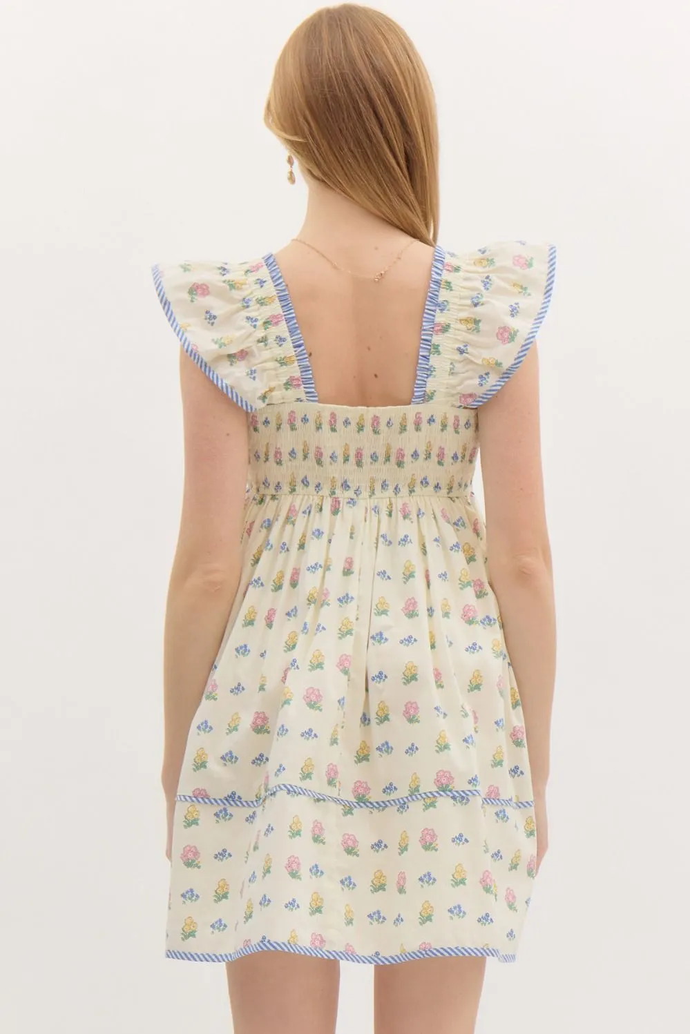 NEWEST ARRIVAL Cream/Blue Seersucker Floral Babydoll Dress