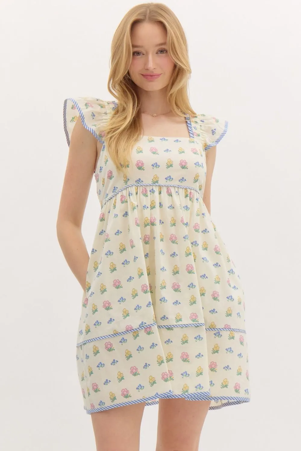 NEWEST ARRIVAL Cream/Blue Seersucker Floral Babydoll Dress