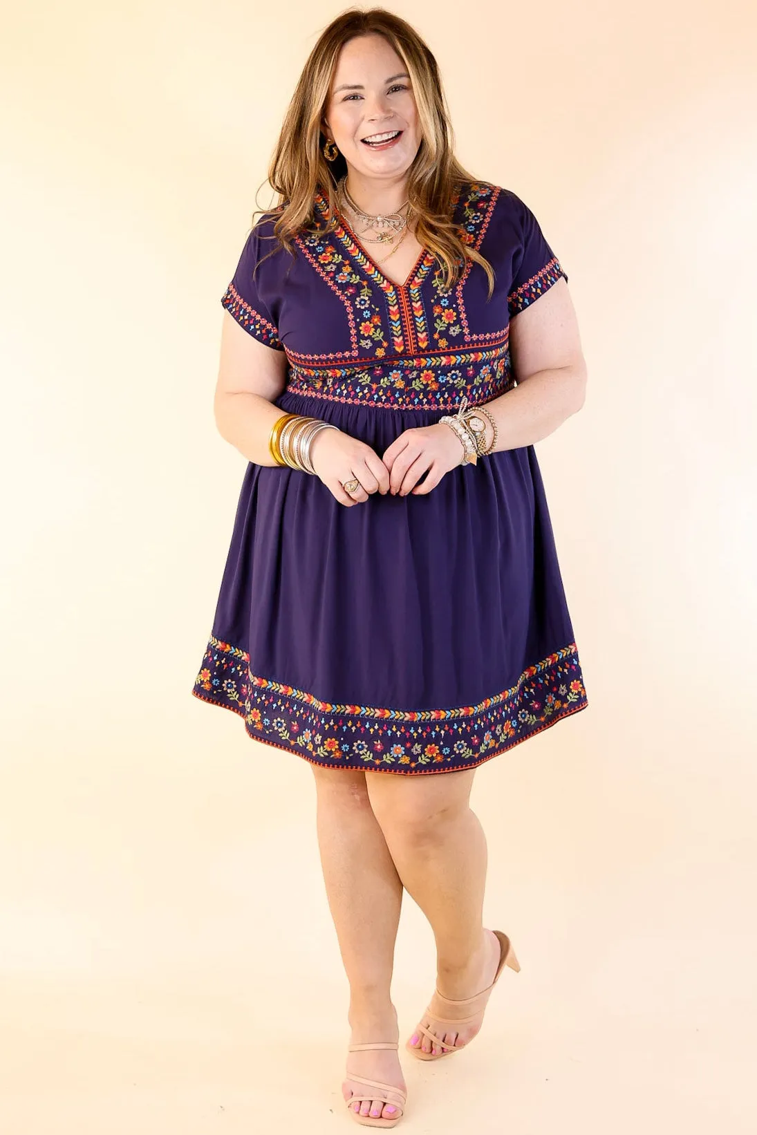 Passing Through V Neck Embroidered Dress with Short Sleeves in Navy Blue