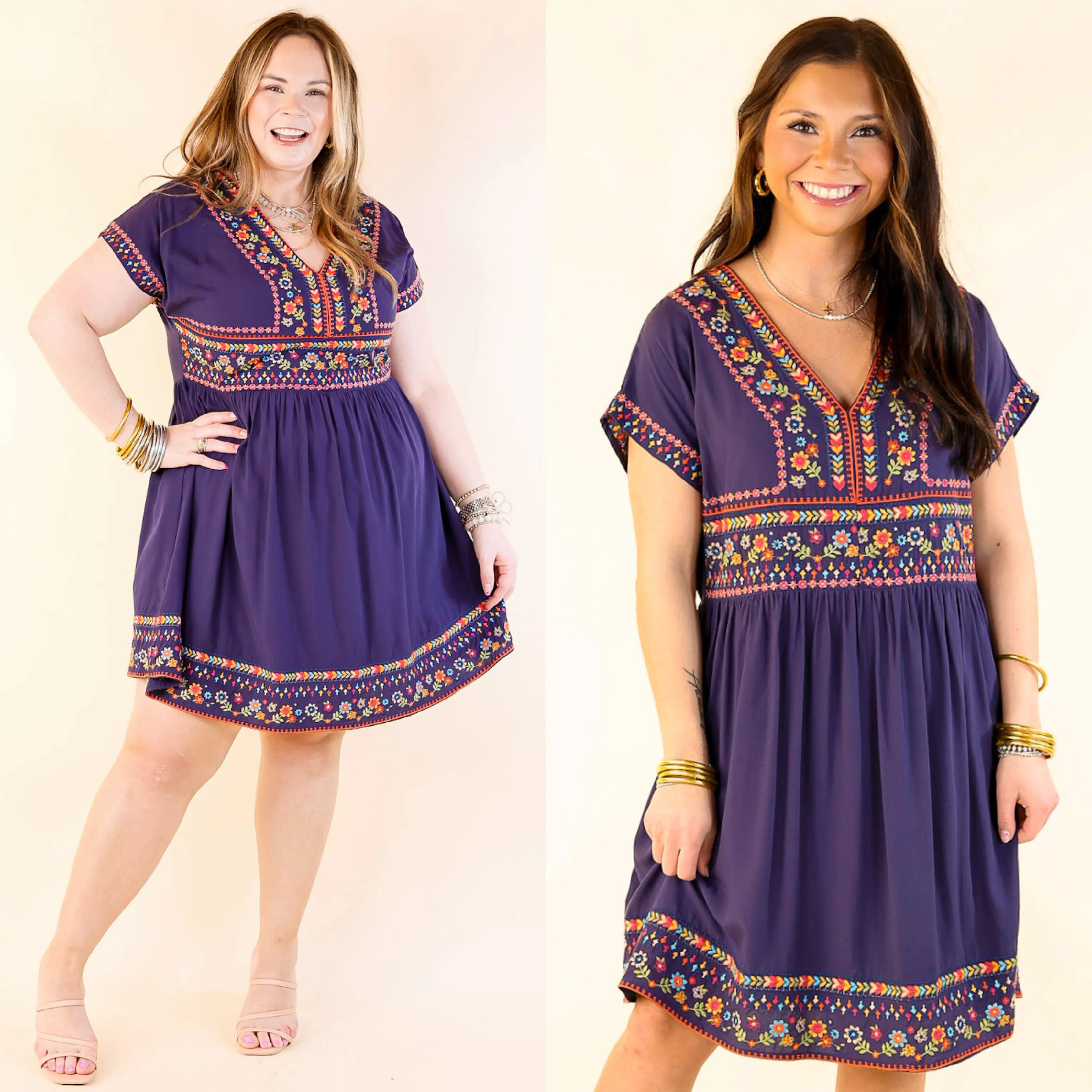 Passing Through V Neck Embroidered Dress with Short Sleeves in Navy Blue