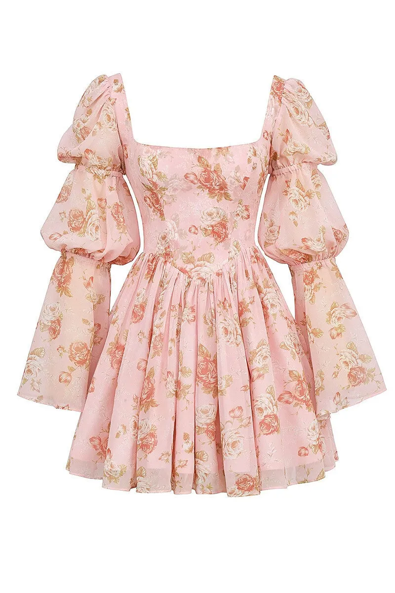 Pat Puff Sleeve Floral Print Sexy Mini Dress