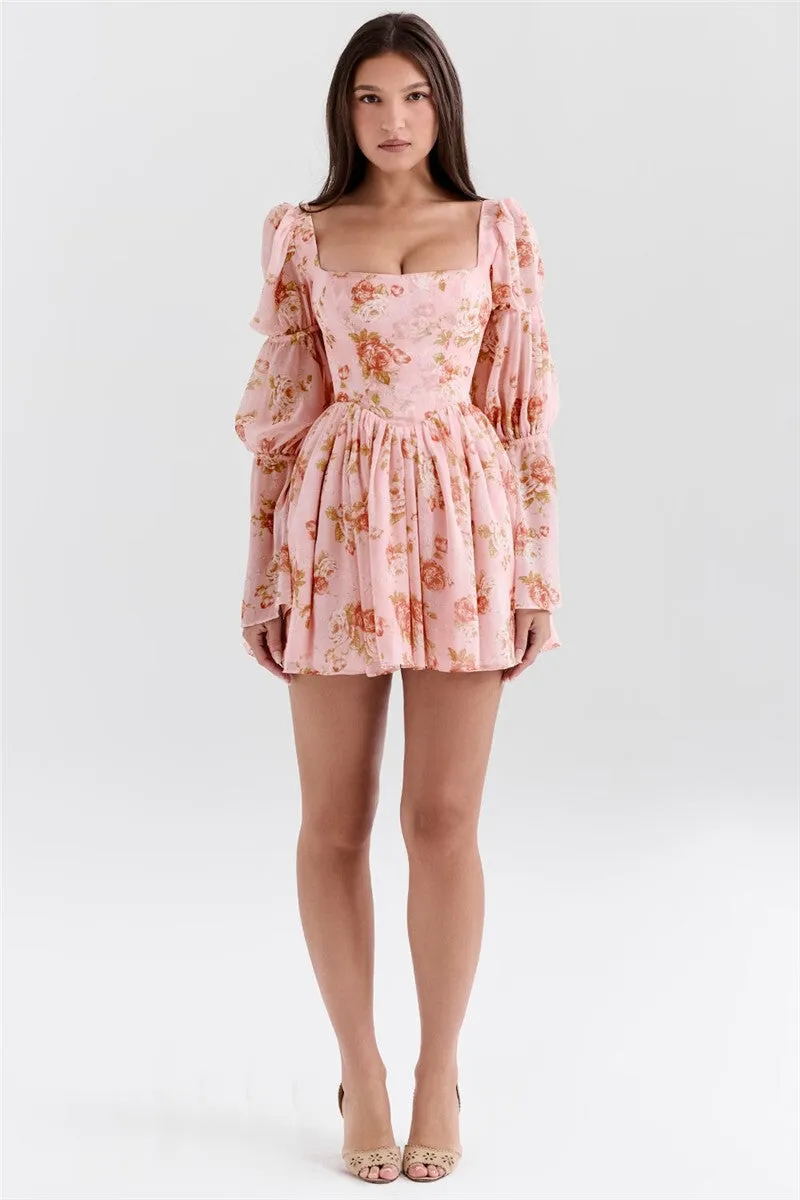 Pat Puff Sleeve Floral Print Sexy Mini Dress