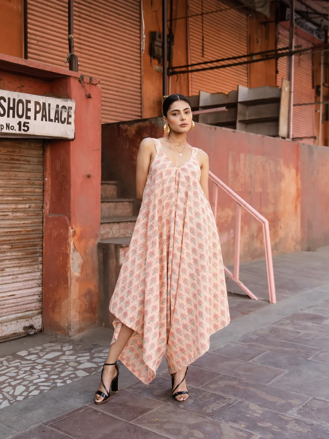 Peach Passion Drape Jumpsuit - Printed Cotton Draped Jumpsuit