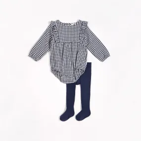 Petit Lem Navy Gingham Print Brushed Twill Romper with Tights (2 pcs)