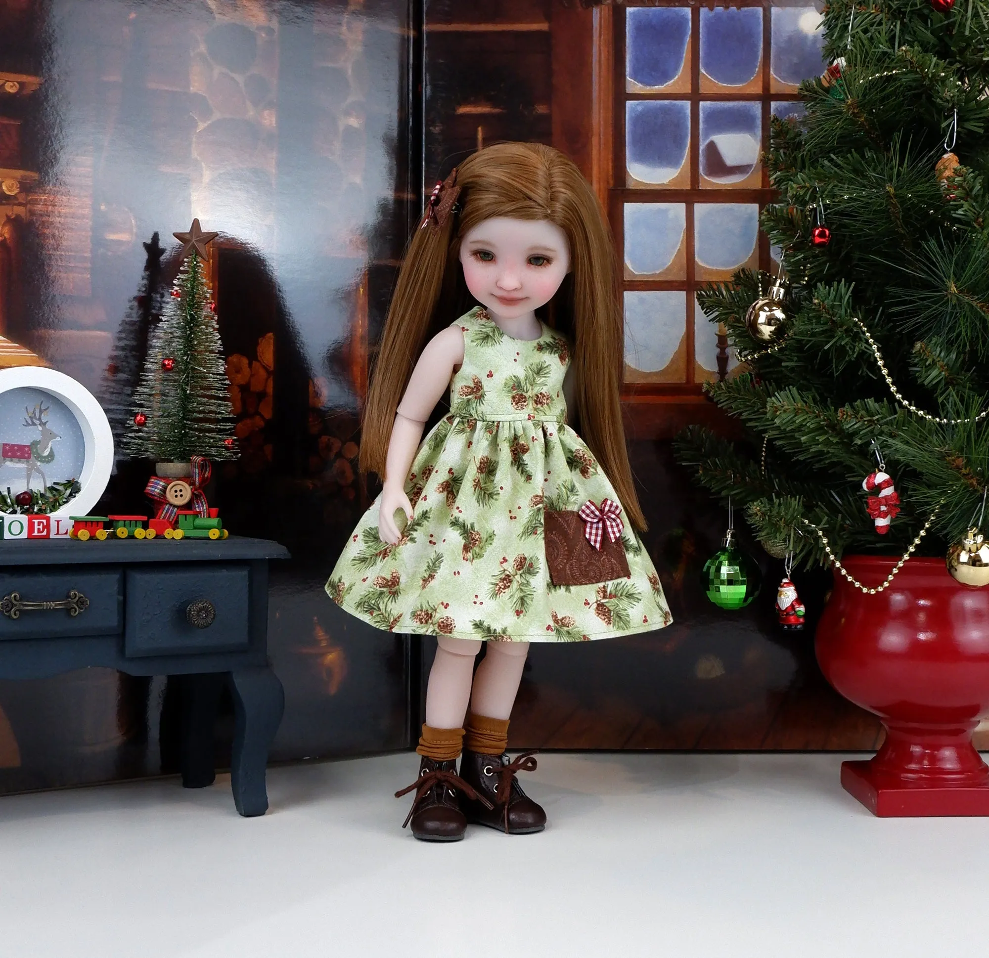 Pine Cone Noel - dress with sweater & boots for Ruby Red Fashion Friends doll
