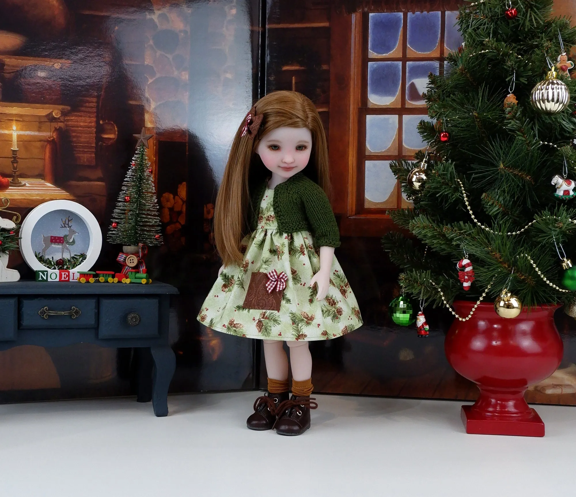 Pine Cone Noel - dress with sweater & boots for Ruby Red Fashion Friends doll