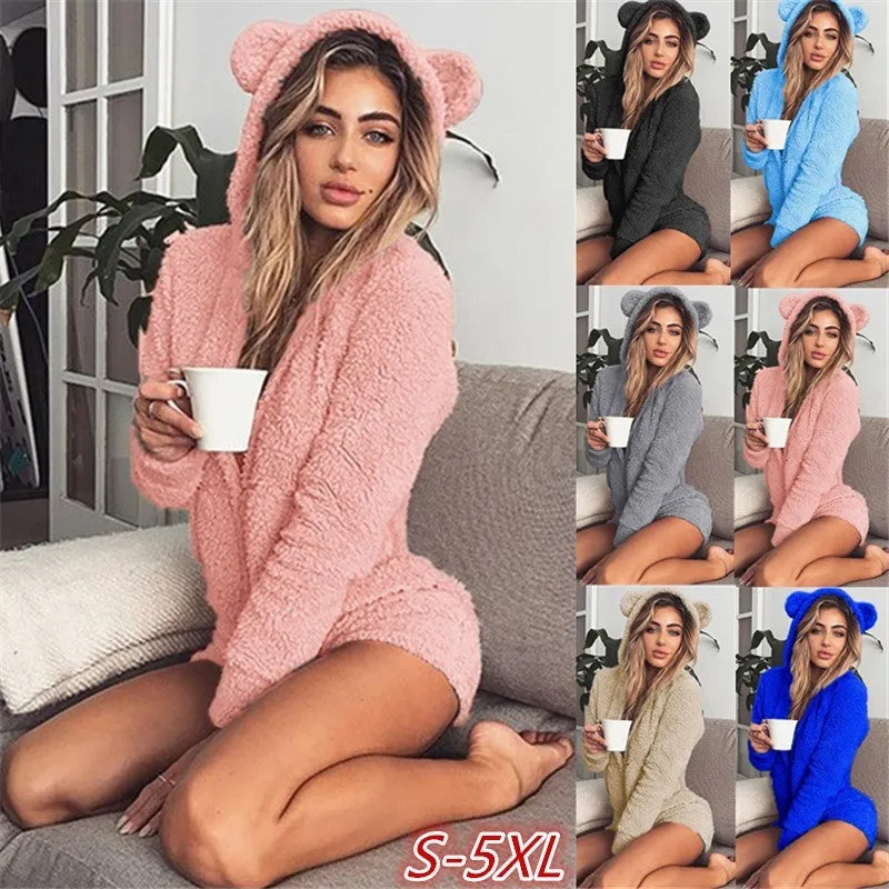 Plush Youthful Teddy Bear Hooded Romper - Loungewear