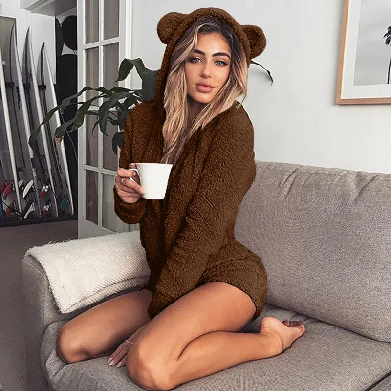 Plush Youthful Teddy Bear Hooded Romper - Loungewear