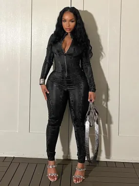 "Stylish Snakeskin Jumpsuit Fitness Outfit: T-BOO Women's Skinny One-Piece with Zipper, Casual Sporty Body-Shapewear for the Fashion-Forward Female"