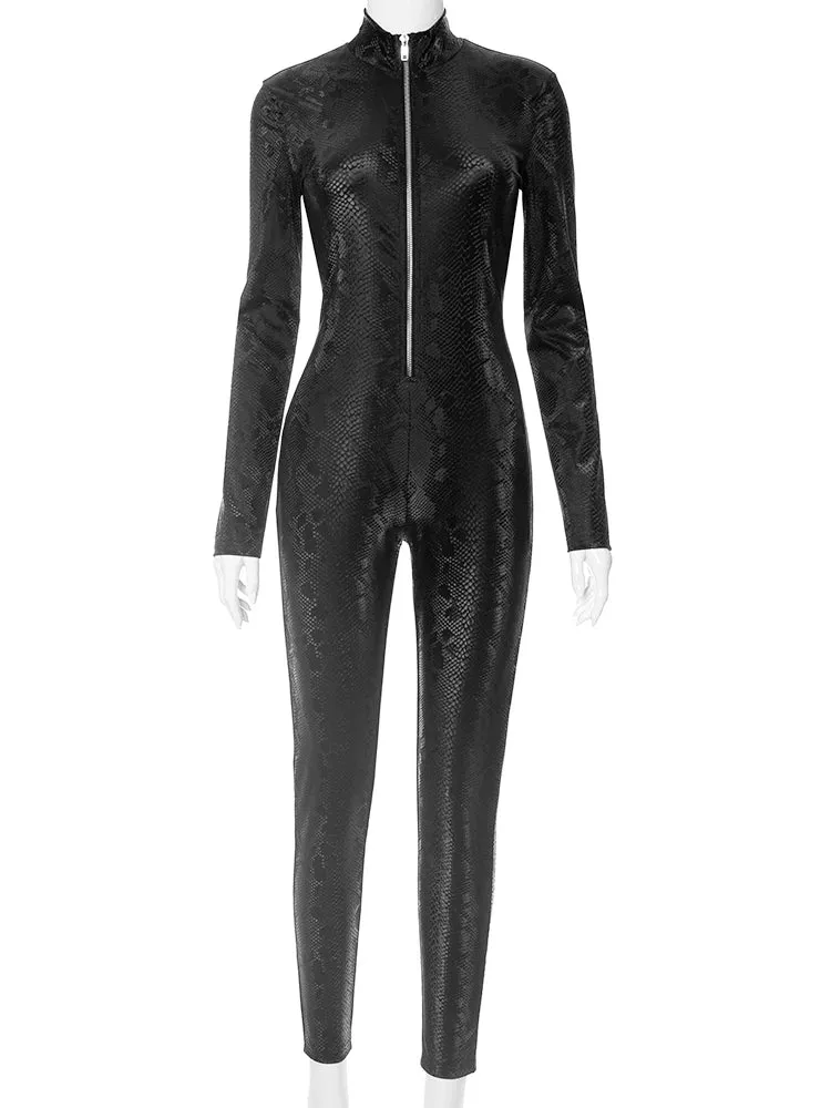 "Stylish Snakeskin Jumpsuit Fitness Outfit: T-BOO Women's Skinny One-Piece with Zipper, Casual Sporty Body-Shapewear for the Fashion-Forward Female"