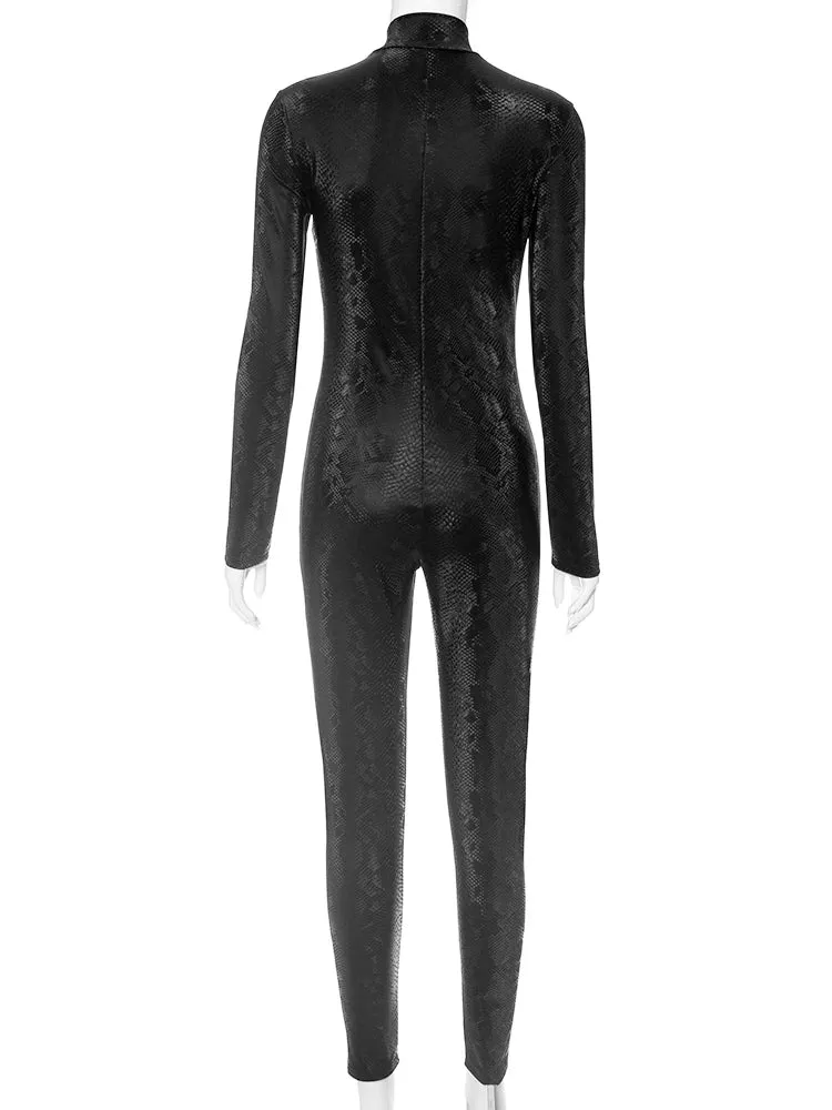 "Stylish Snakeskin Jumpsuit Fitness Outfit: T-BOO Women's Skinny One-Piece with Zipper, Casual Sporty Body-Shapewear for the Fashion-Forward Female"