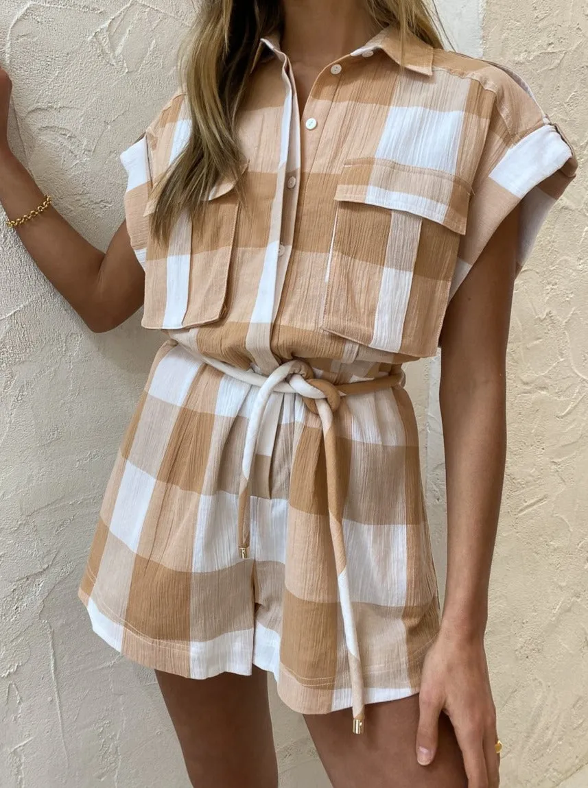 Significant Other Frida Romper in Caramel Check