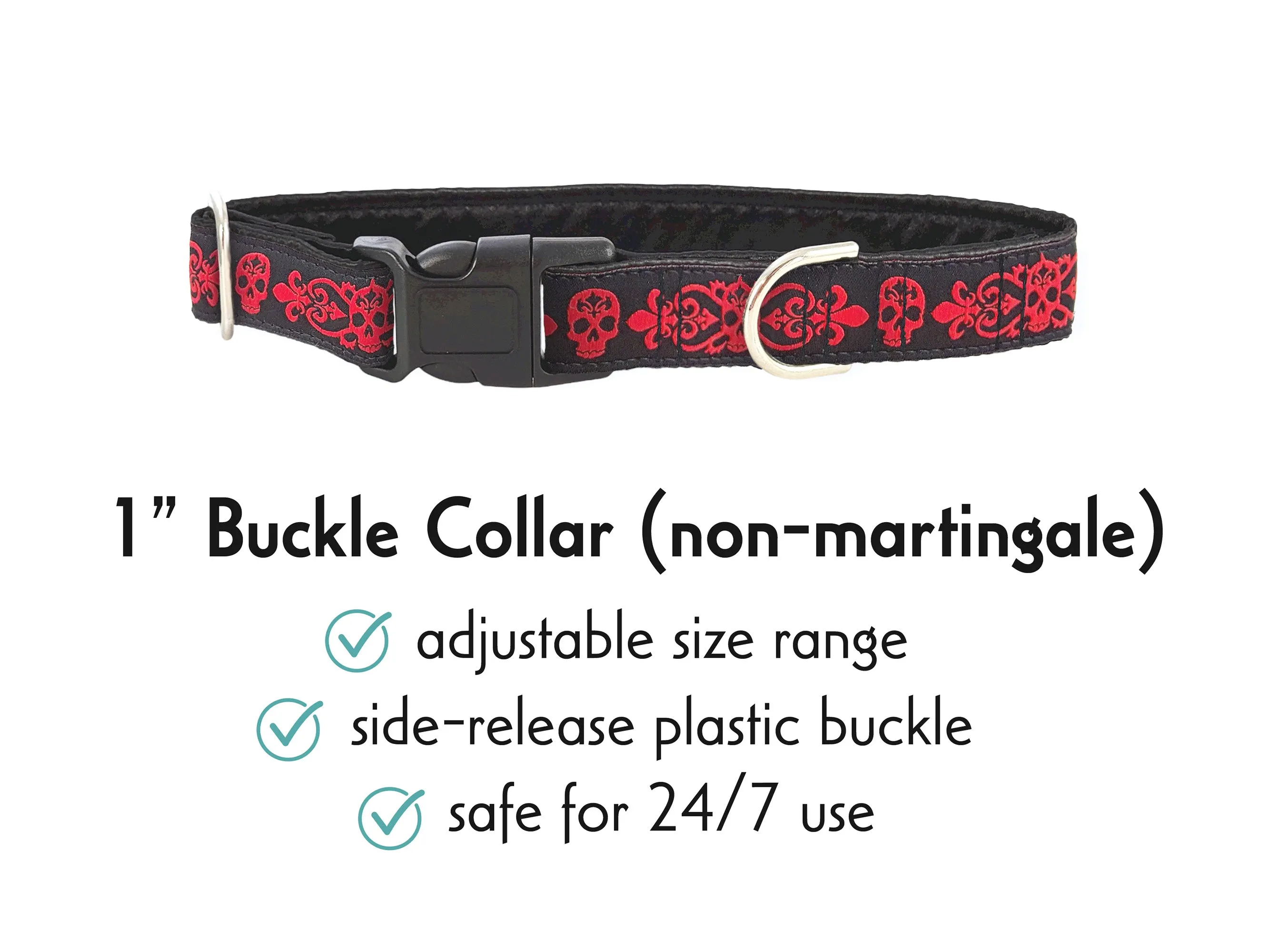 Skeleton Crew Jacquard in Red & Black - Martingale Dog Collar or Buckle Dog Collar - 1" Width