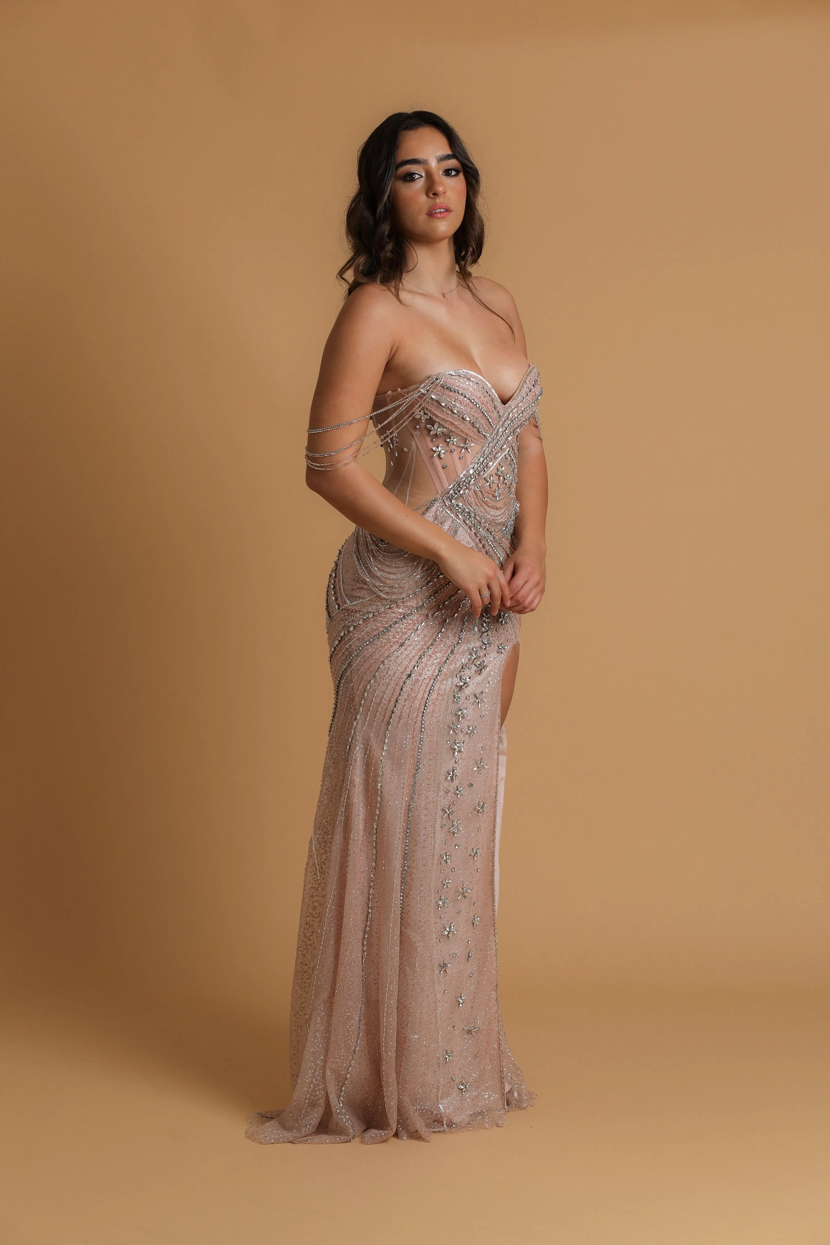 Sparkling silver and pink strapless mermaid dress with slit for hire