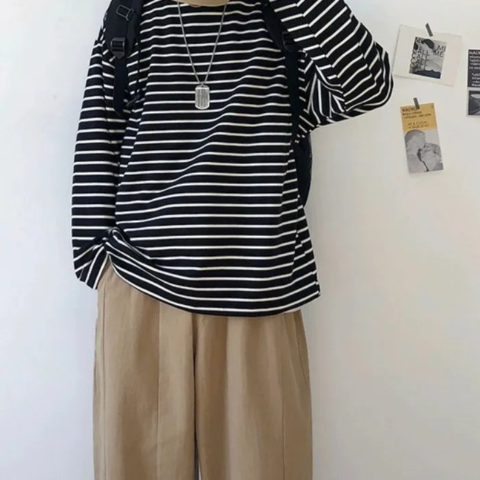 Striped Loose Long Sleeve T-shirt N0515