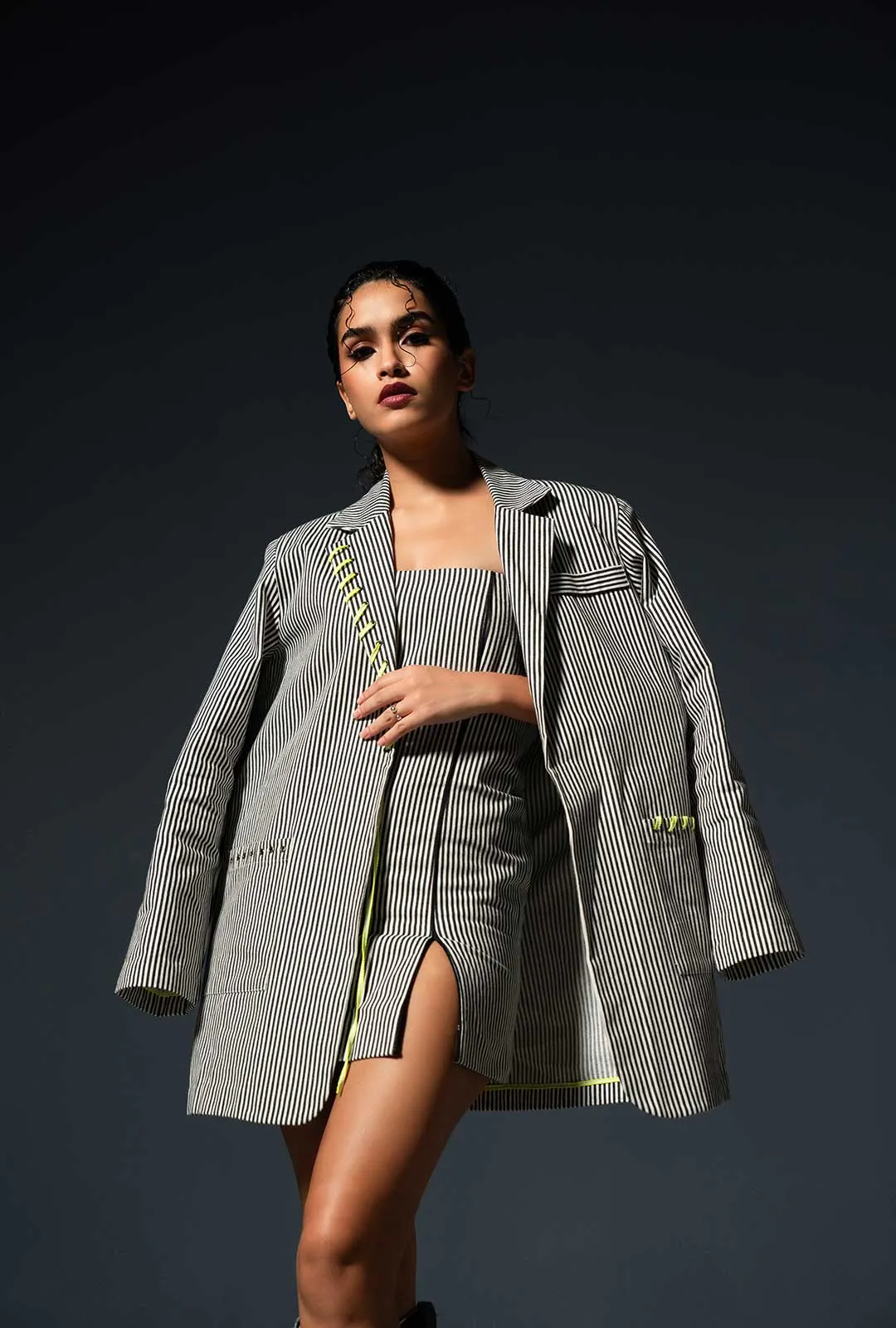 Striped Oversized Blazer With Fitted Short Dress Set