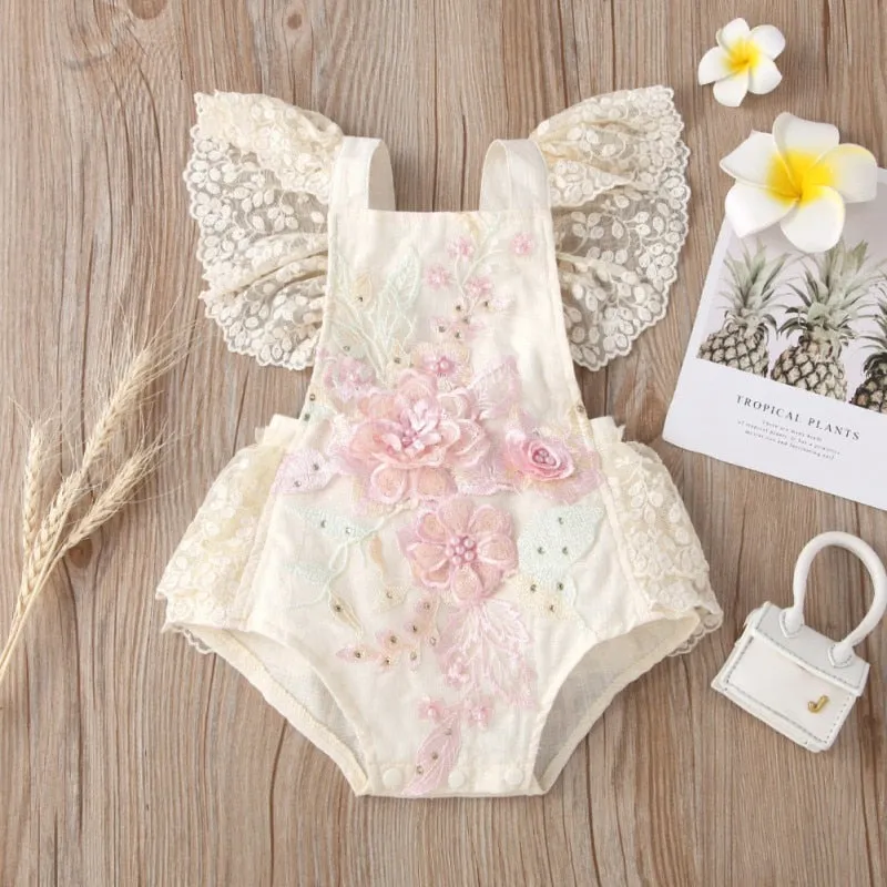 The Iliana Flutter-Sleeve Hand-Embroidered Romper