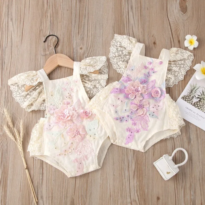 The Iliana Flutter-Sleeve Hand-Embroidered Romper