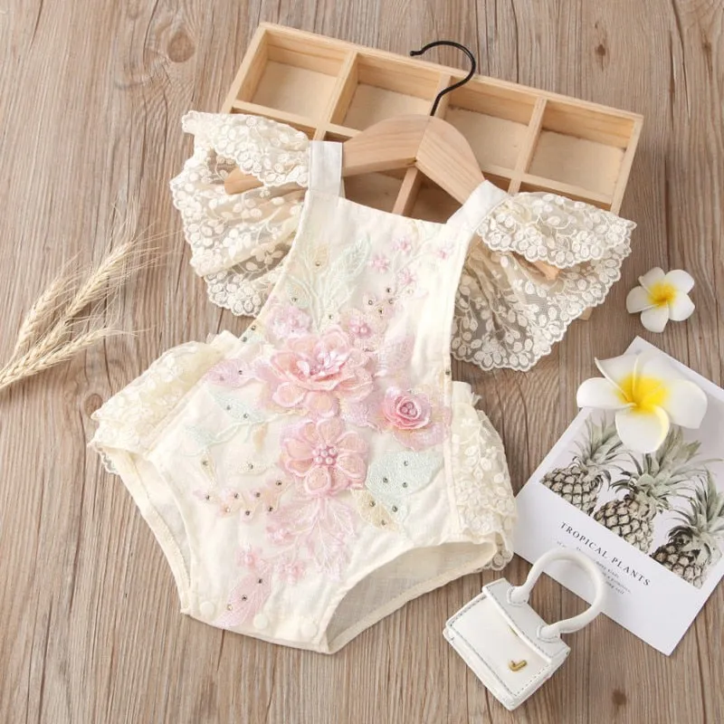 The Iliana Flutter-Sleeve Hand-Embroidered Romper