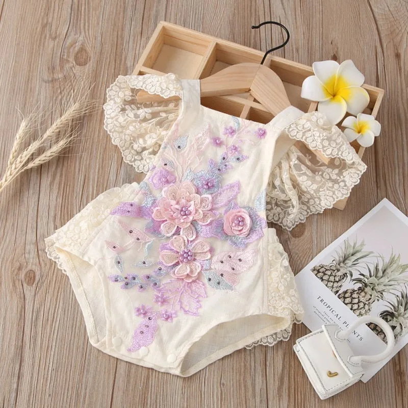 The Iliana Flutter-Sleeve Hand-Embroidered Romper