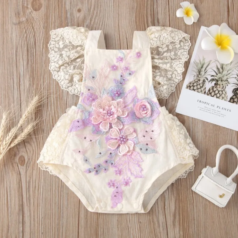 The Iliana Flutter-Sleeve Hand-Embroidered Romper