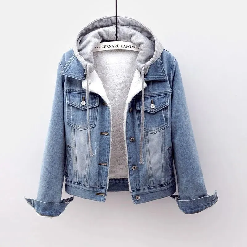 Thicken Fleece Liner Denim Jacket Women Winter Coat Fluff Padded Jackets Short Outerwear