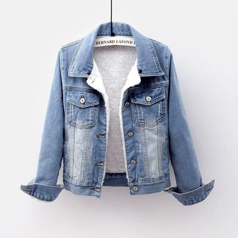 Thicken Fleece Liner Denim Jacket Women Winter Coat Fluff Padded Jackets Short Outerwear