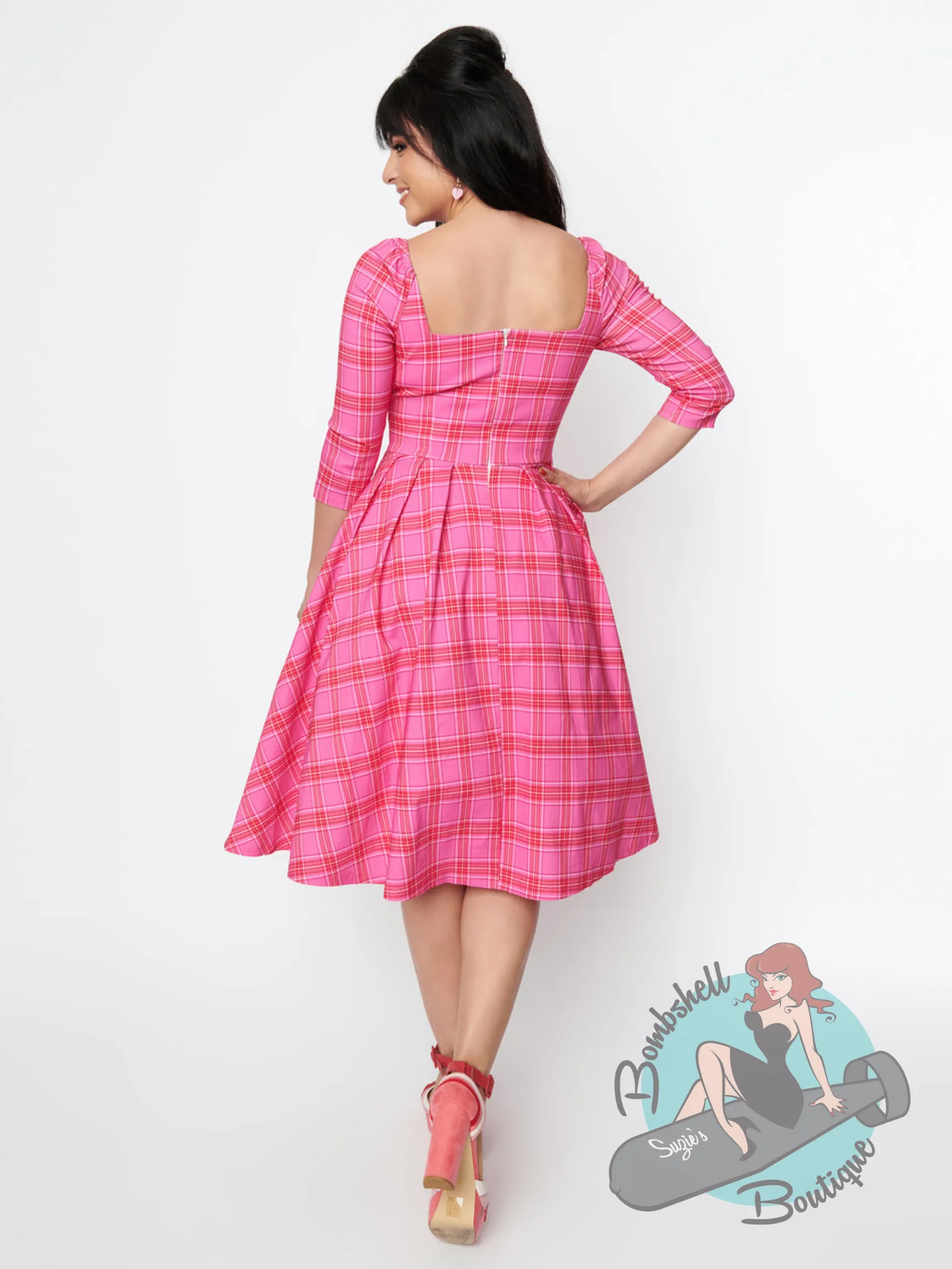 Unique Vintage Pink & Red Tartan Lamar Swing Dress