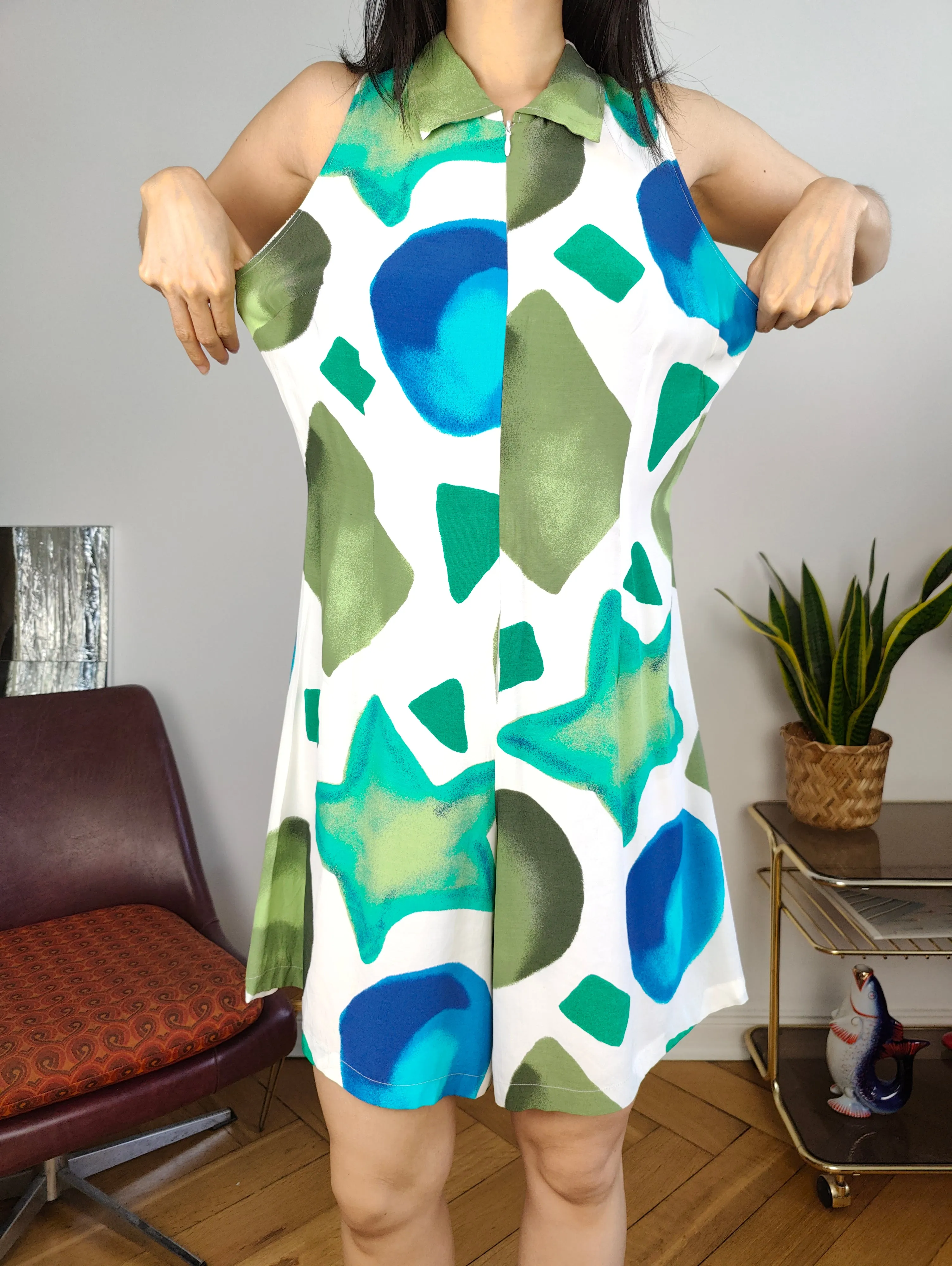 Vintage viscose playsuit shorts art print pattern white green blue overall jumpsuit onesie sleeveless S-M