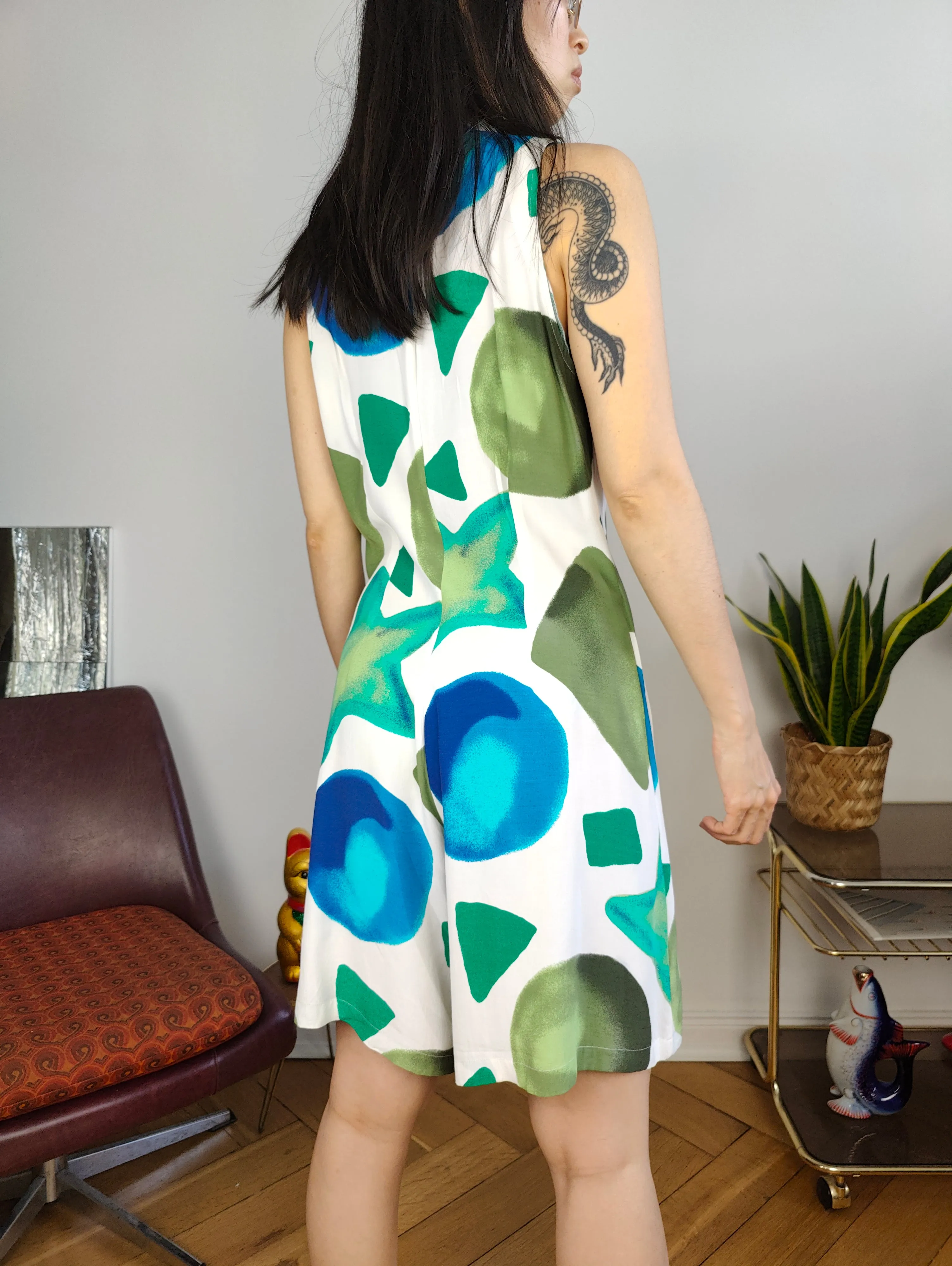 Vintage viscose playsuit shorts art print pattern white green blue overall jumpsuit onesie sleeveless S-M