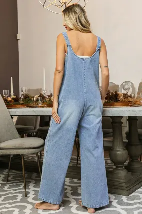 Washed Denim Buttoned Overall Jumpsuit Romper