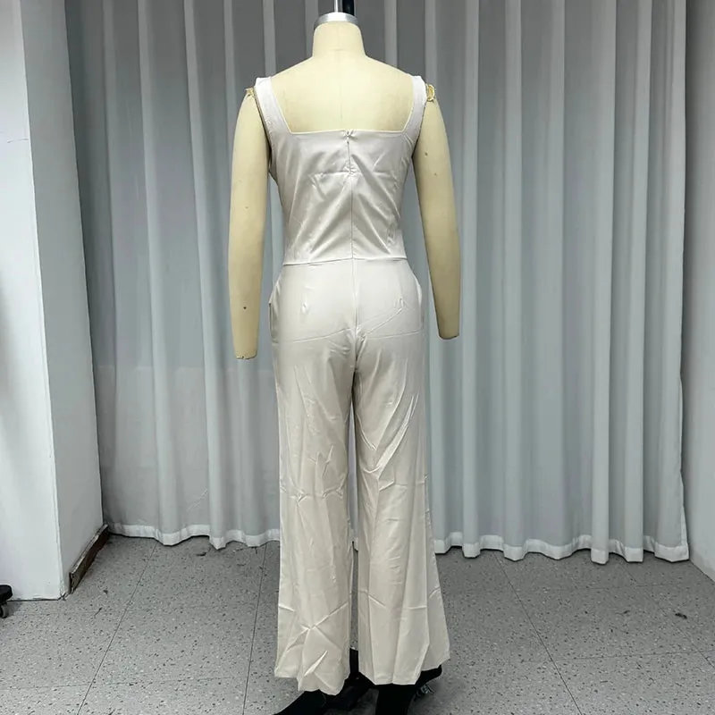 Wefads Jumpsuit Women Clothing Casual Solid Sleeveless Square Neck Tanks Backless Zipper Nipped Waist Loose Wide Legs Romper