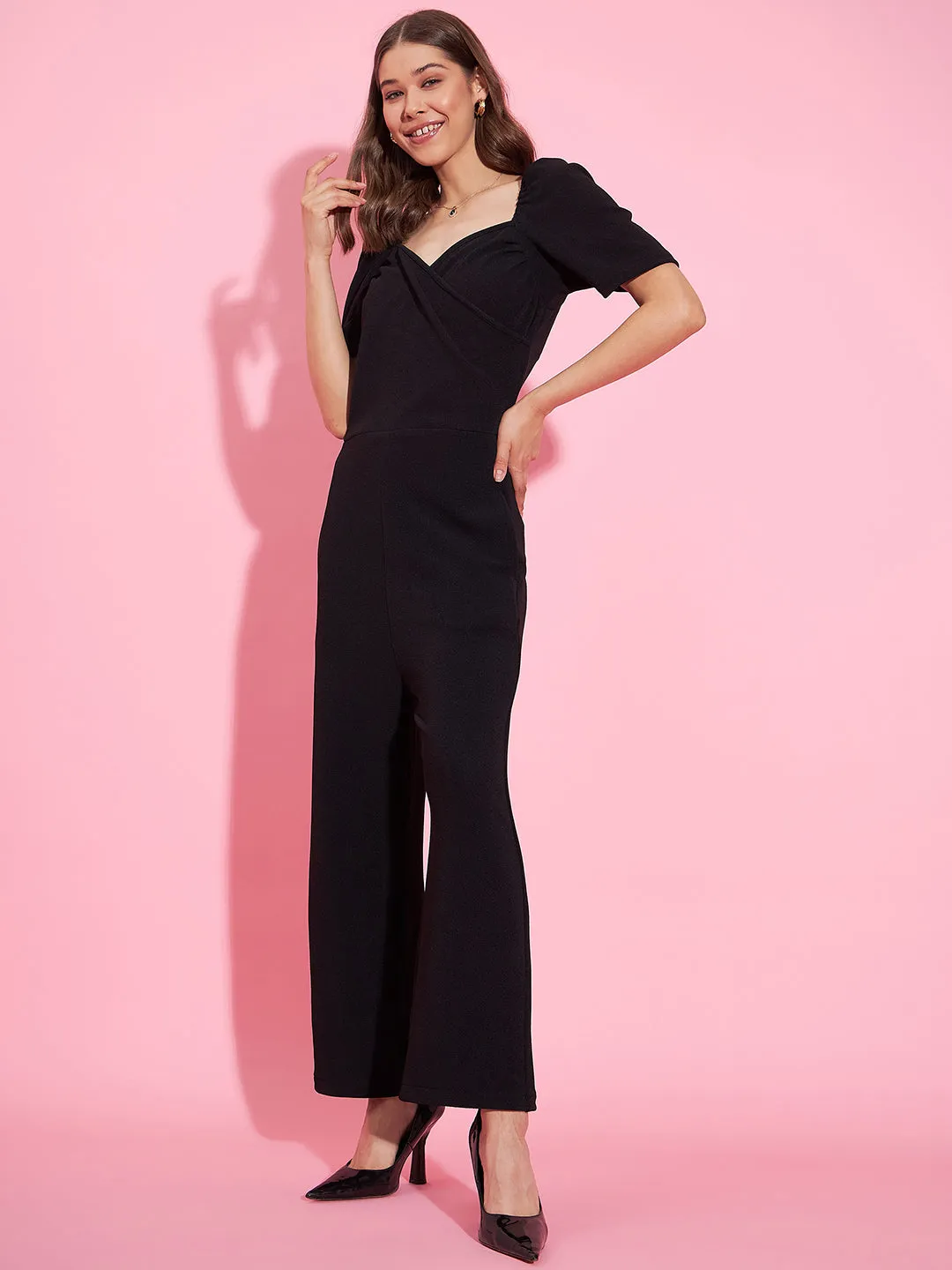 Women's Front Pleat Black Polyester Lycra Jumpsuit - StyleStone