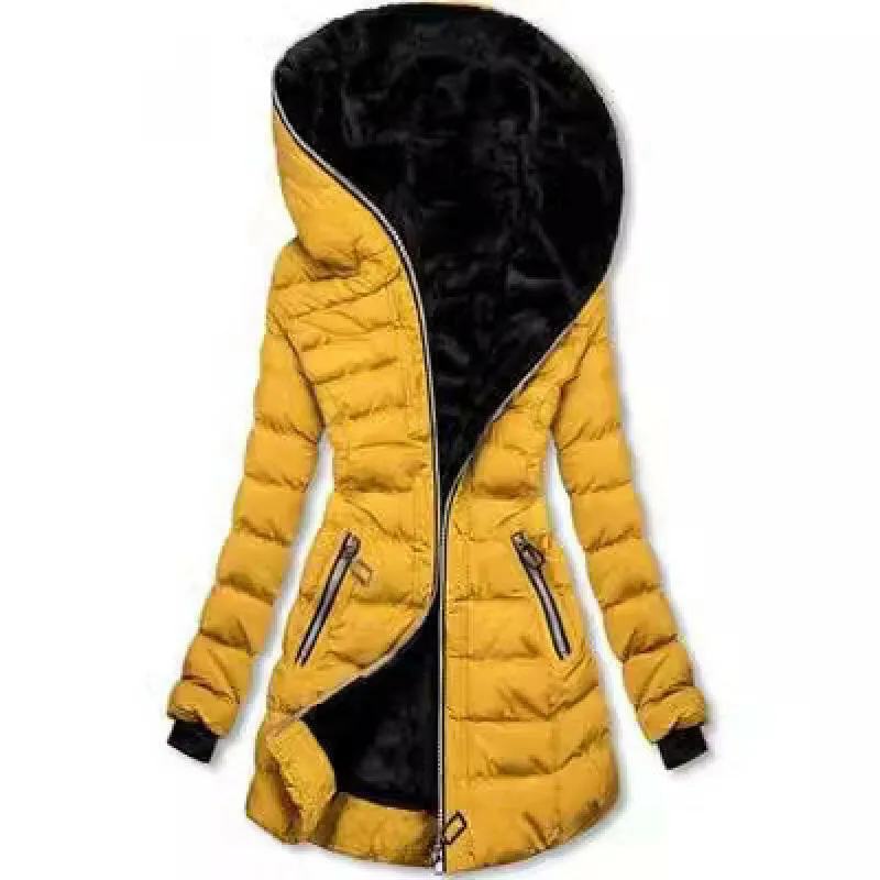 Women's Hooded Long-Sleeve Plush Cotton Winter Jacket – Warm & Cozy Mid-to-Long Length Coat