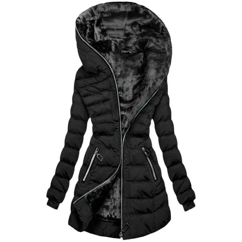 Women's Hooded Long-Sleeve Plush Cotton Winter Jacket – Warm & Cozy Mid-to-Long Length Coat
