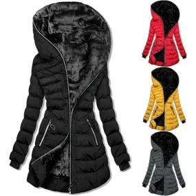 Women's Hooded Long-Sleeve Plush Cotton Winter Jacket – Warm & Cozy Mid-to-Long Length Coat