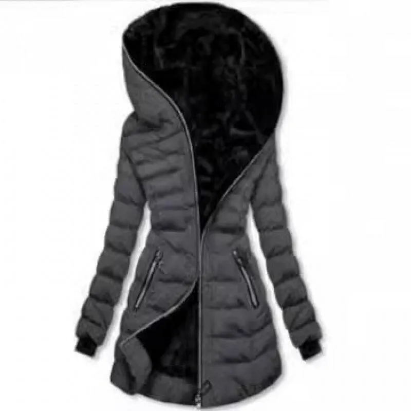 Women's Hooded Long-Sleeve Plush Cotton Winter Jacket – Warm & Cozy Mid-to-Long Length Coat