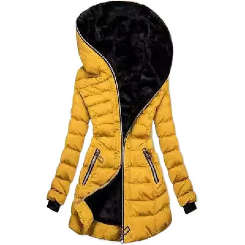 Women's Hooded Long-Sleeve Plush Cotton Winter Jacket – Warm & Cozy Mid-to-Long Length Coat