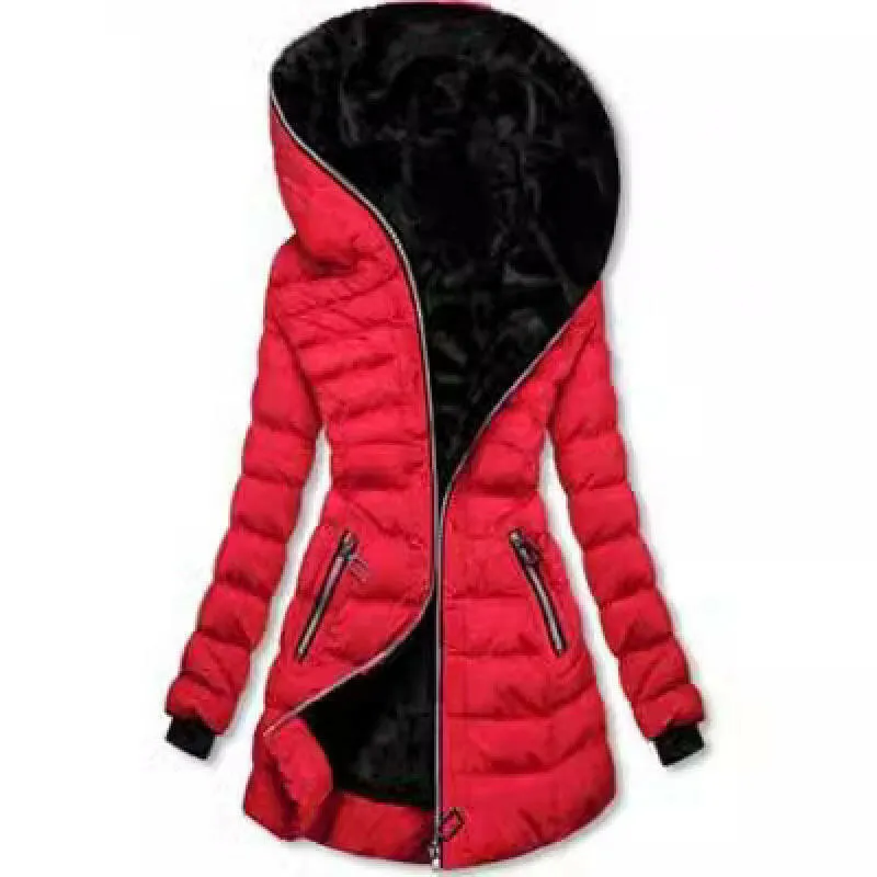 Women's Hooded Long-Sleeve Plush Cotton Winter Jacket – Warm & Cozy Mid-to-Long Length Coat