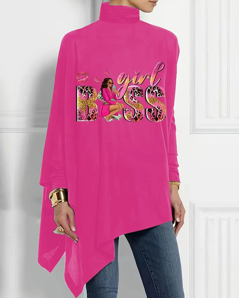 Women's Turtleneck Irregular Black Print Long Sleeve T-shirt